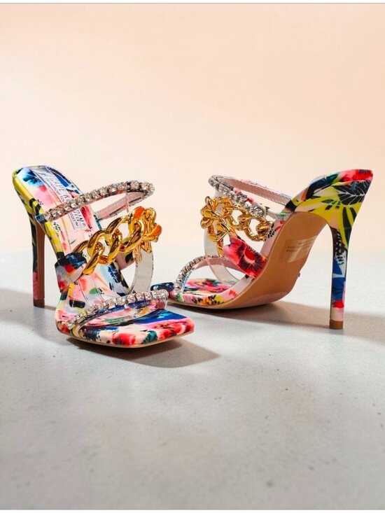 Shoes - Floral Open-Toe High Heels With Rhinestone & Gold Chain Straps Multicolor Womens